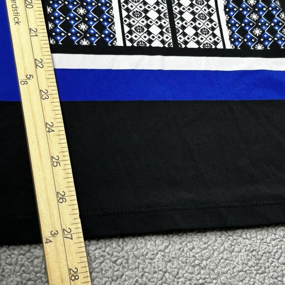 Susan Graver Shirt Womens Large Black Blue Liquid Knit Geometric Print Stretch - Picture 11 of 11